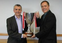 Stand Free and Aberdeen business community donates £118,150 to AFC youth development From left - Graham Fyfe and Alan Moir with the European Cup
