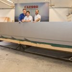 World first for Moray boat builder could triple turnover L-R: Andy Menzies (Technician), Colin MacAndrew (Director), and Jürgen Graf (Operations Manager) inside the hull of the Carson Interceptor 950
